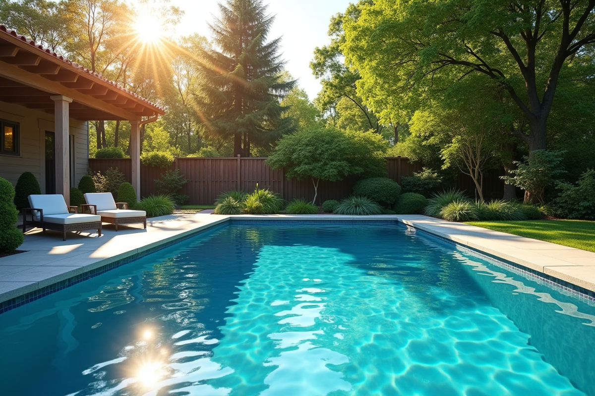 Piscine privée dans un jardin ensoleille avec patio vert