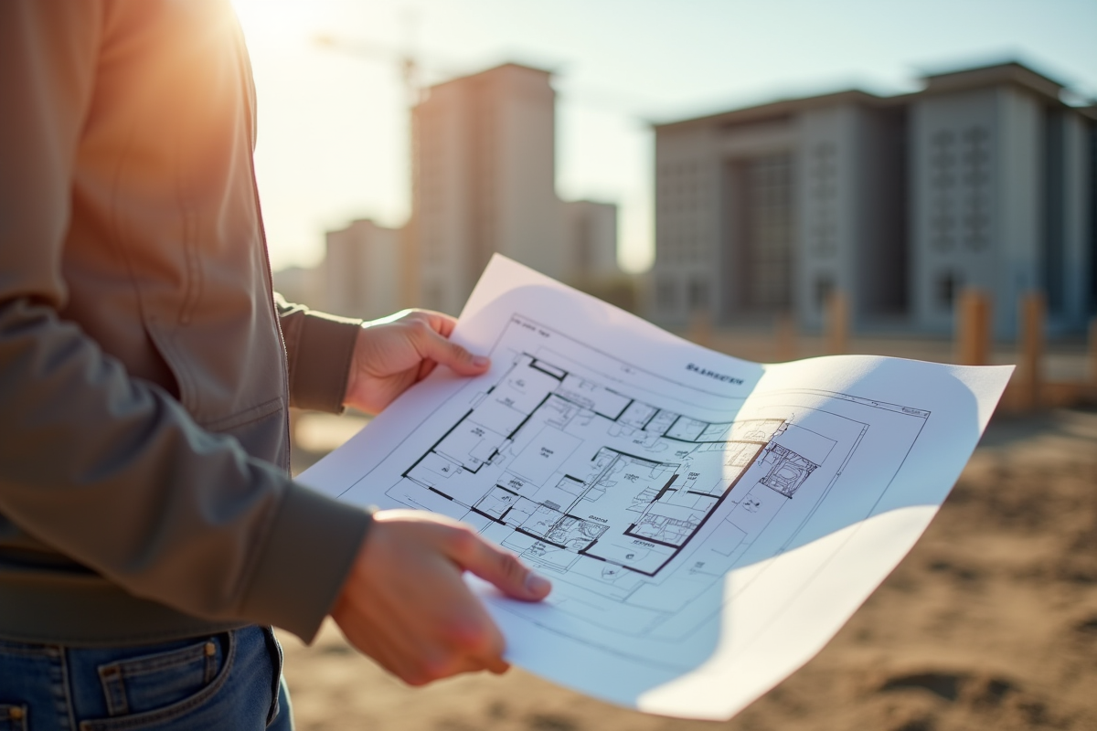 Architecte examinant plans sur site de construction
