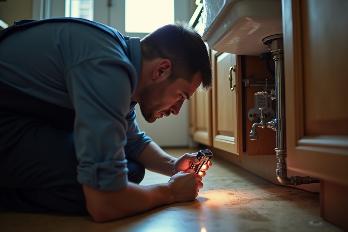 Plombier inspectant sous un evier de cuisine avec une lampe de poche