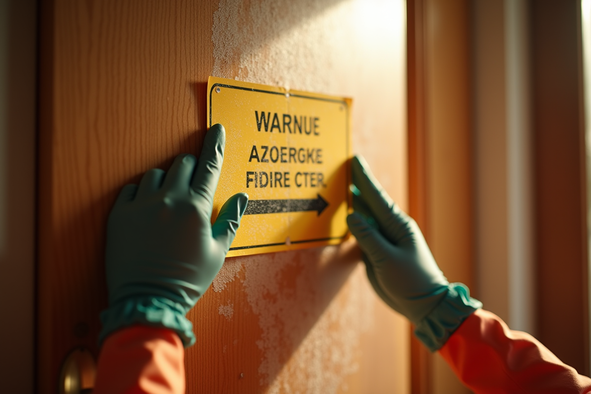 Mains gantées posant un panneau d avertissement sur une porte en bois