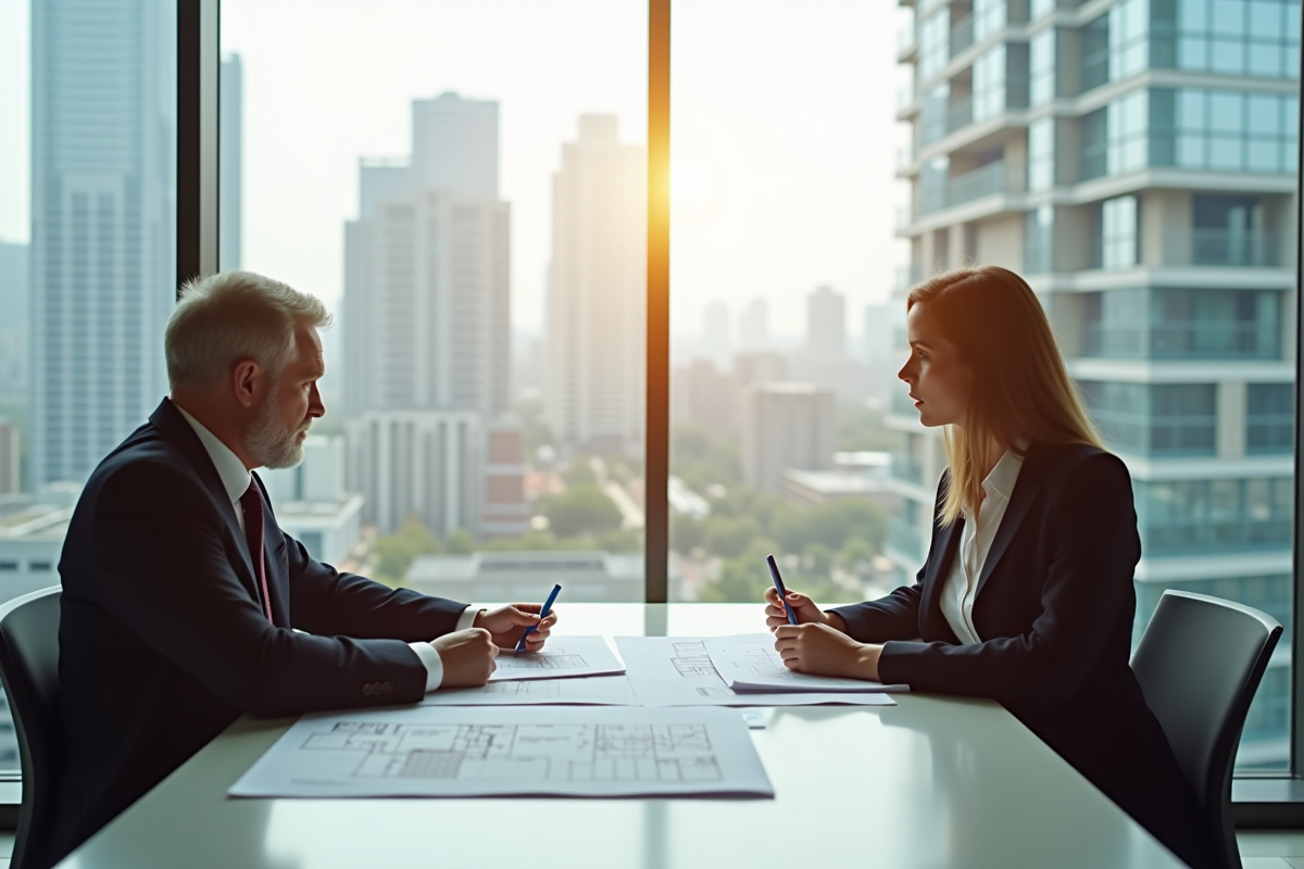 Deux professionnels de l'immobilier examinant des plans dans un bureau lumineux