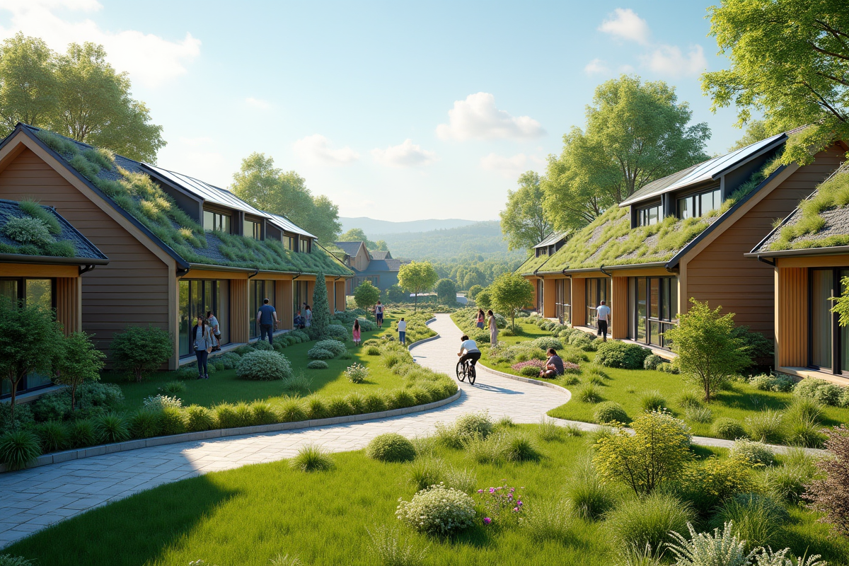 Quartier résidentiel écologique ensoleillé avec toits verts