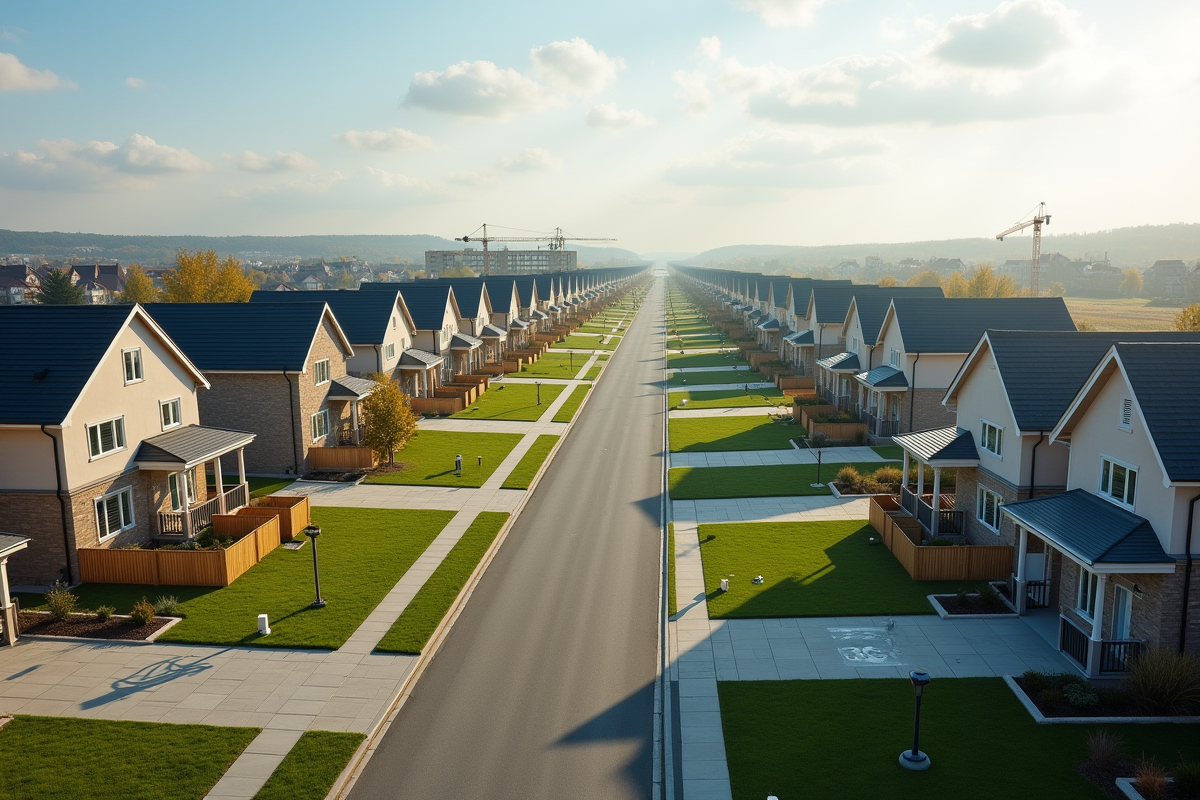 Quartier en expansion avec maisons neuves et routes pavées