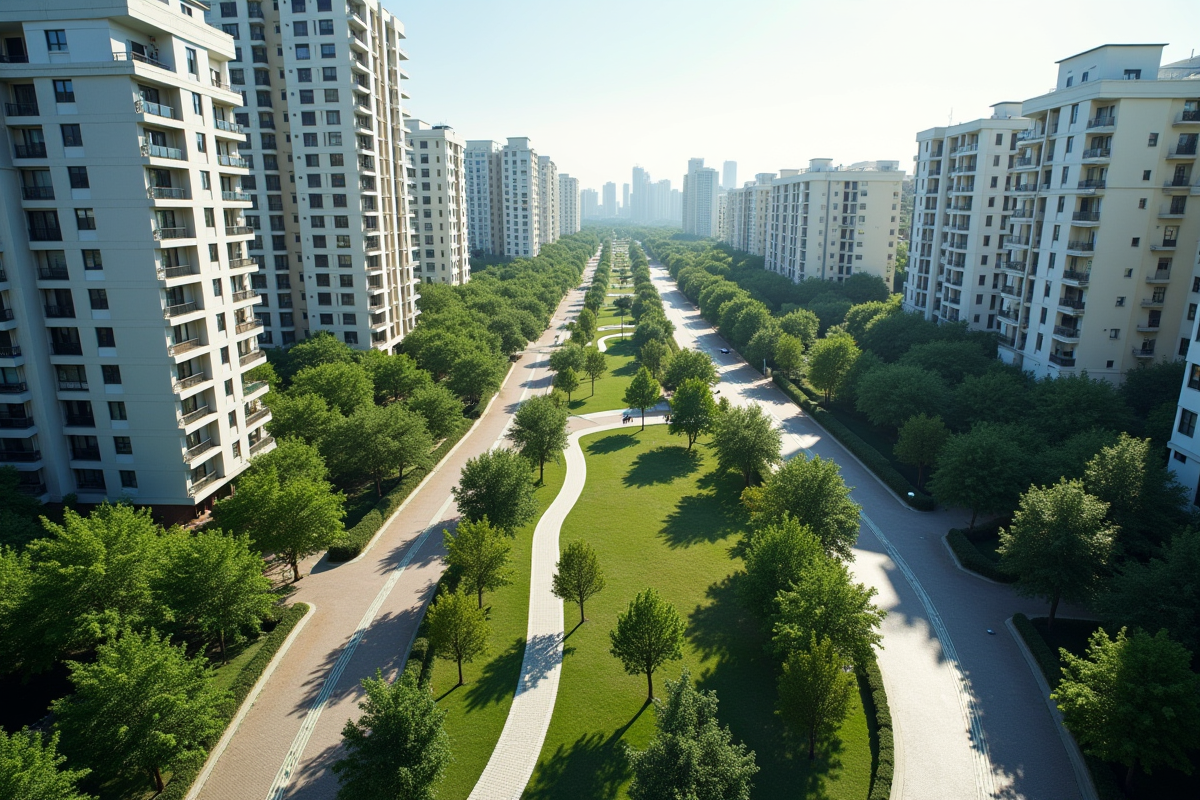Vue aérienne d'un quartier résidentiel moderne avec parcs et bâtiments