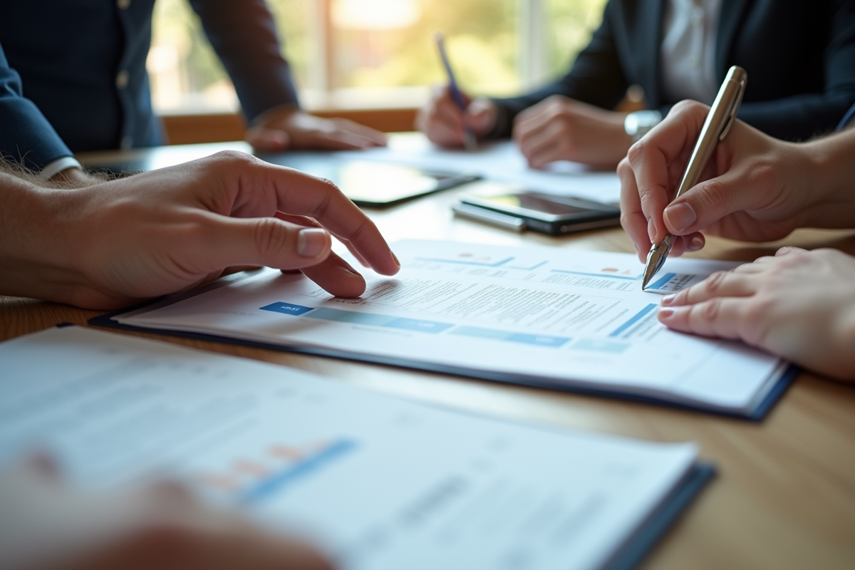 Mains atteignant un rapport expert sur un bureau en bois