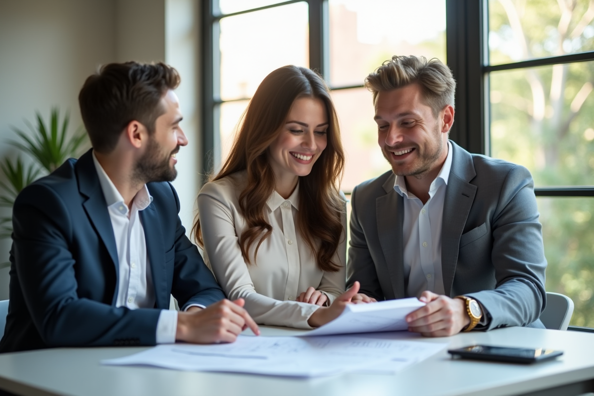 Jeune couple rencontrant un conseiller financier dans un bureau lumineux