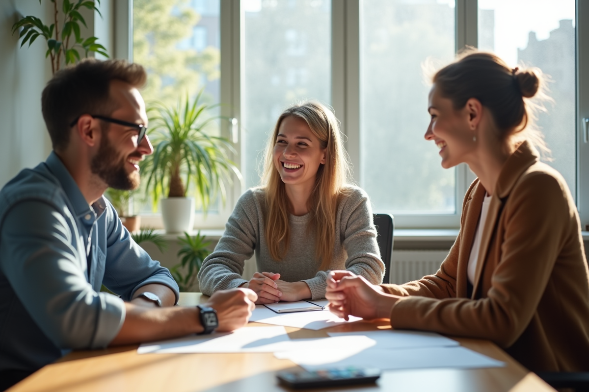 Jeune couple rencontrant un conseiller logement dans un bureau lumineux