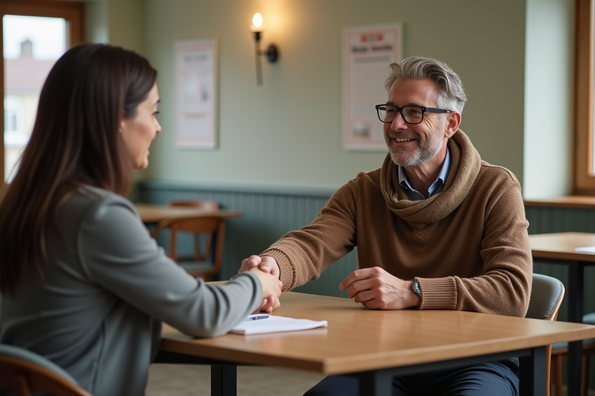 Homme et travailleur social se serrant la main dans un centre communautaire