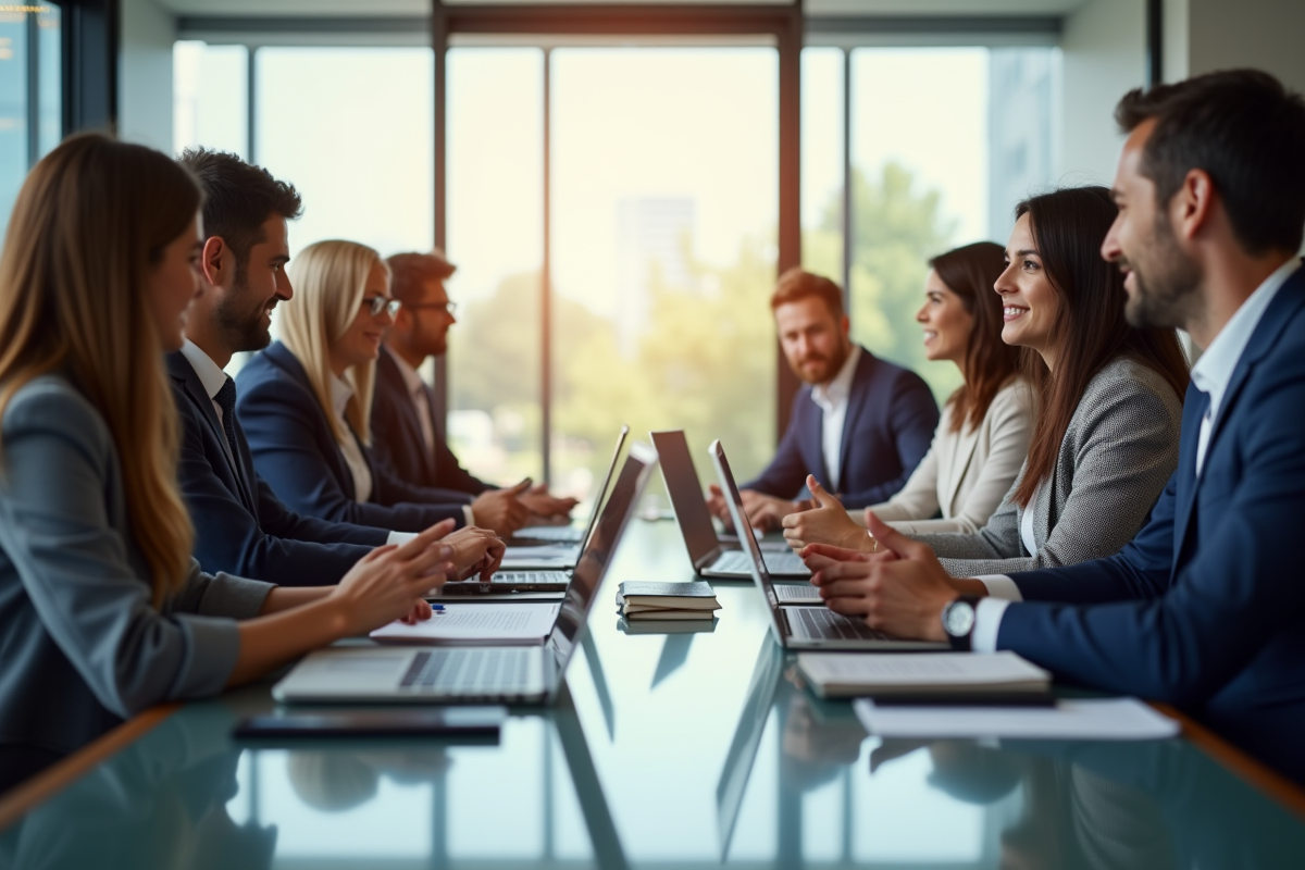 Professionnels en réunion dans une salle lumineuse