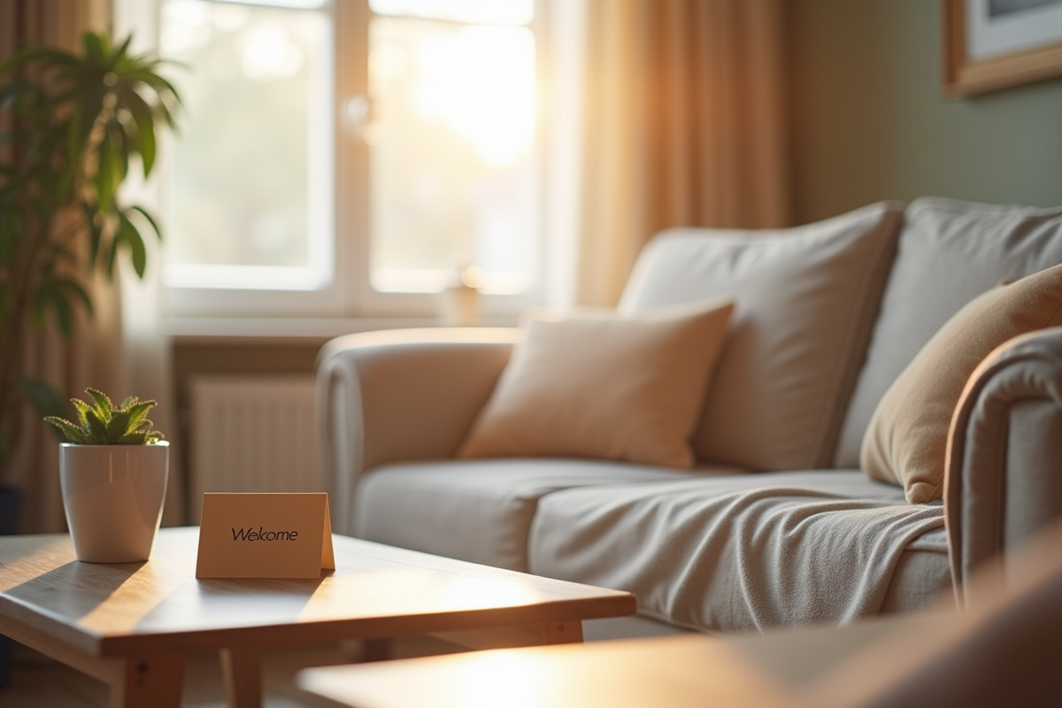 Salon moderne Airbnb avec décoration soignée et ambiance lumineuse