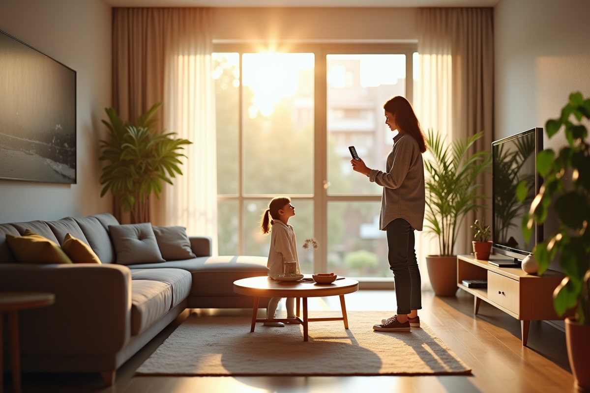 Salon familial lumineux avec femme vérifiant moniteur qualité air