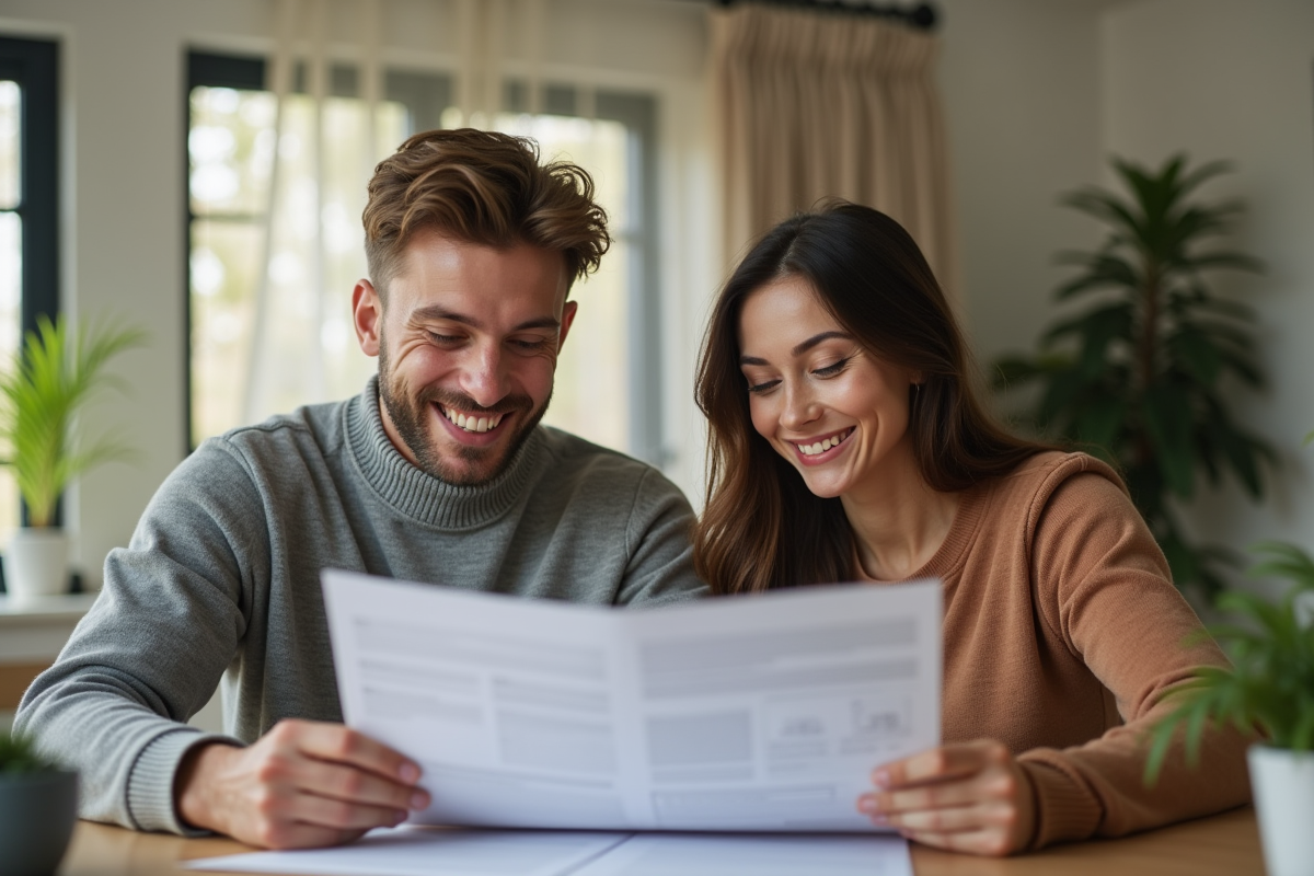 Salon lumineux avec un couple lisant un contrat immobilier