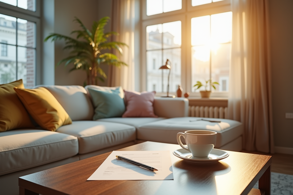Salon lumineux avec papiers de location et café dans un appartement