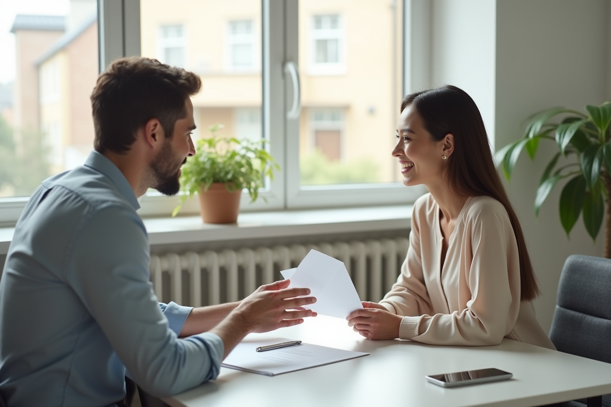 Deux personnes signant un contrat immobilier dans un bureau lumineux