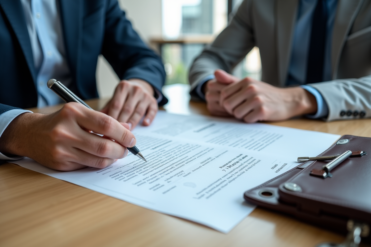Deux personnes signant un contrat de location au bureau