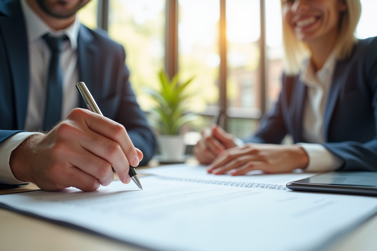 Manager souriant signant un contrat avec un client dans un espace lumineux