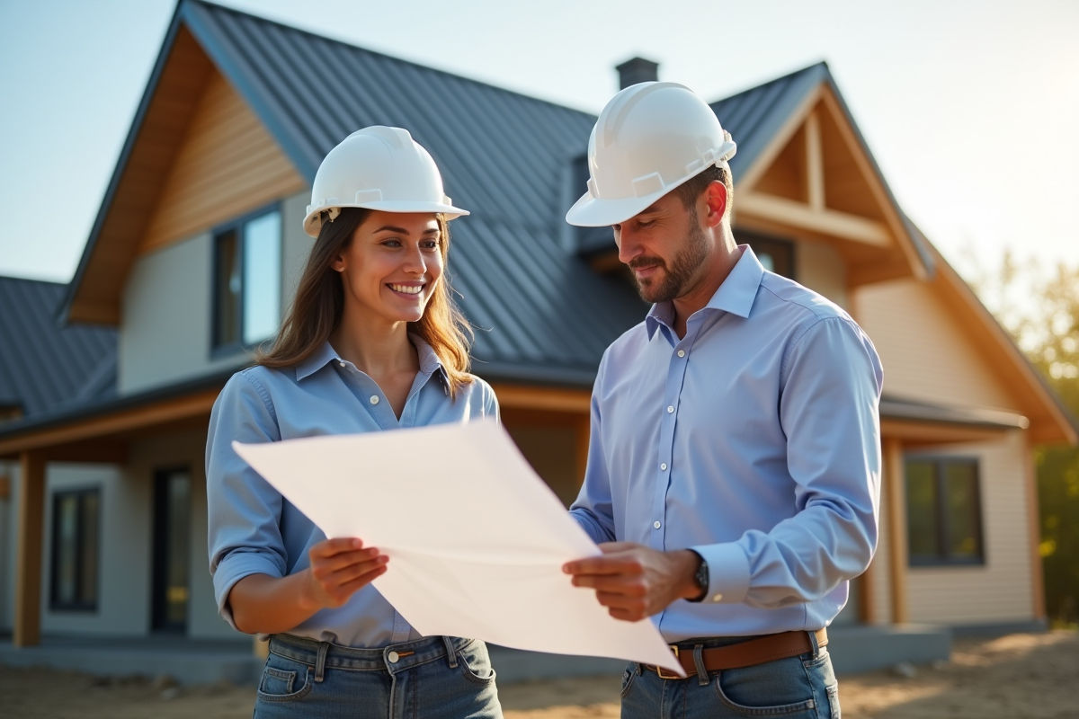 Superviseur et propriétaire examinant des plans de construction devant une maison moderne