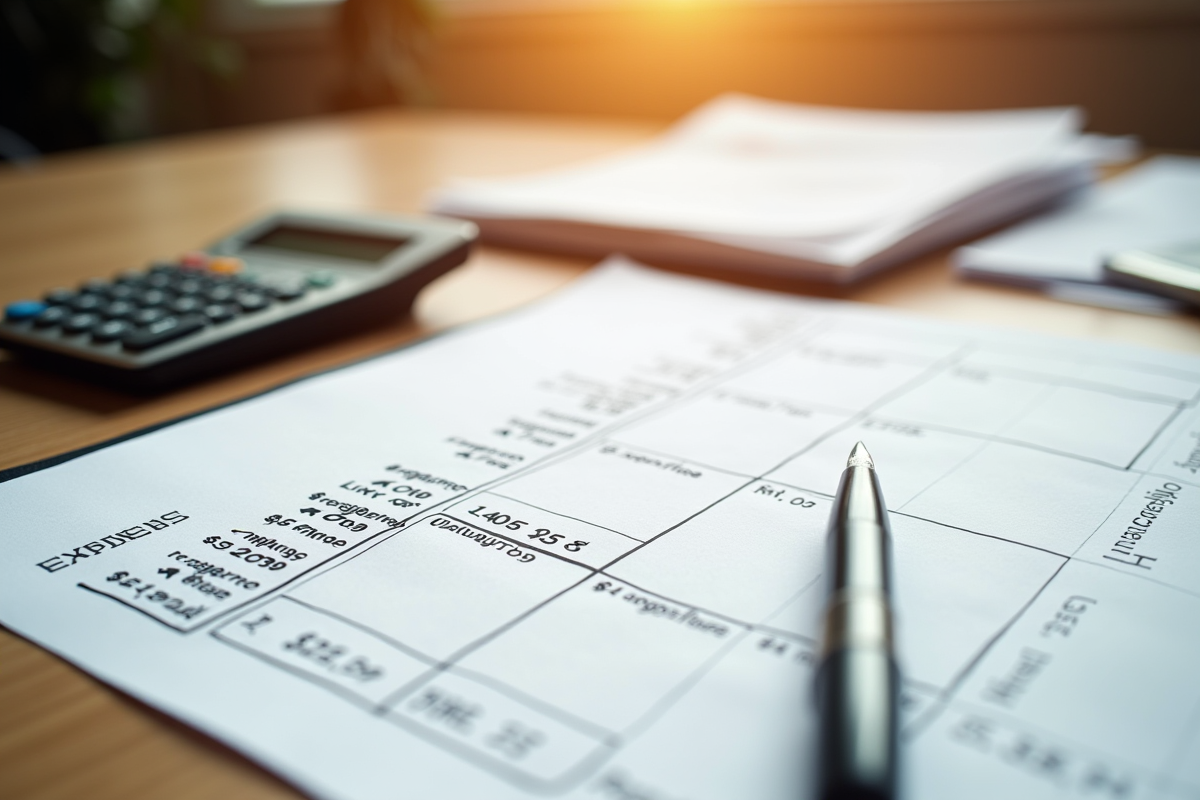 Gros plan sur un tableau de dépenses avec calculatrice et reçus