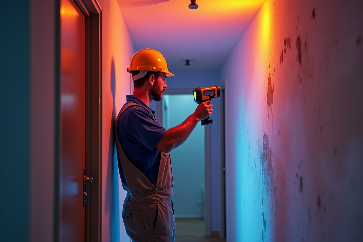 Technicien utilisant caméra thermique sur mur humide
