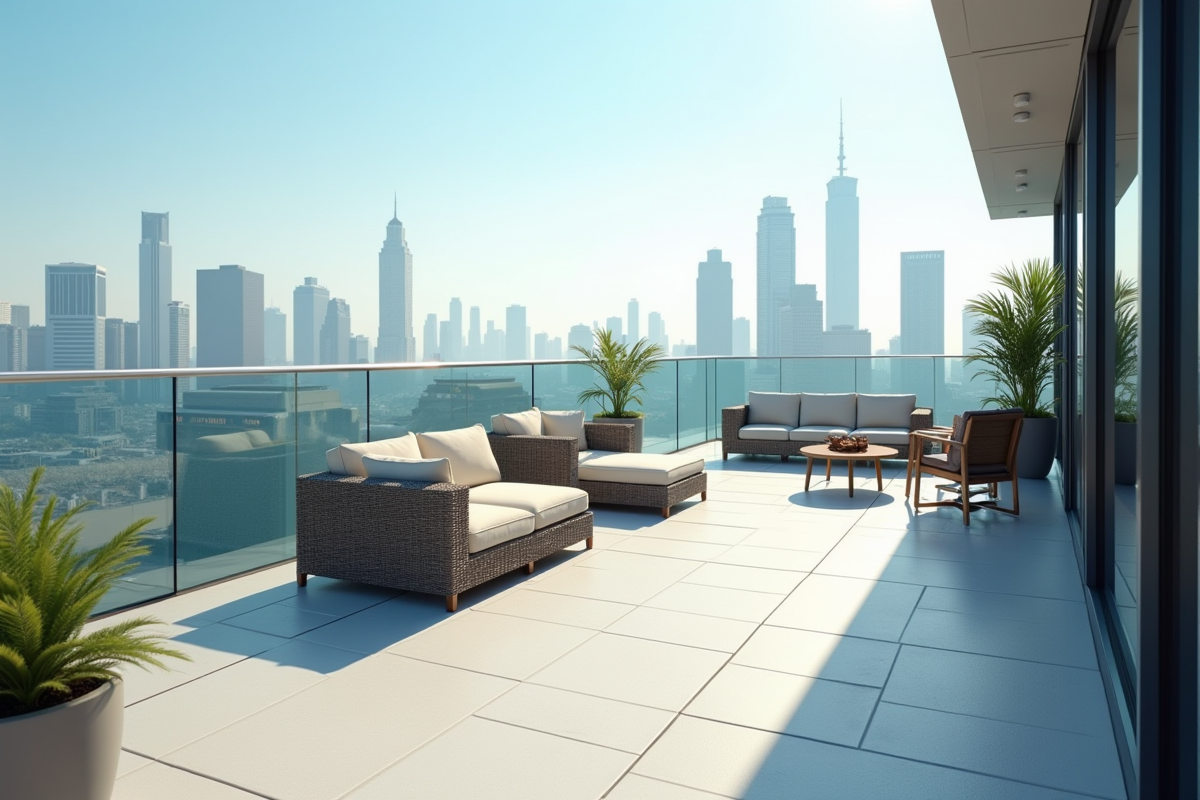Terrasse en rooftop moderne avec mobilier extérieur en plein soleil