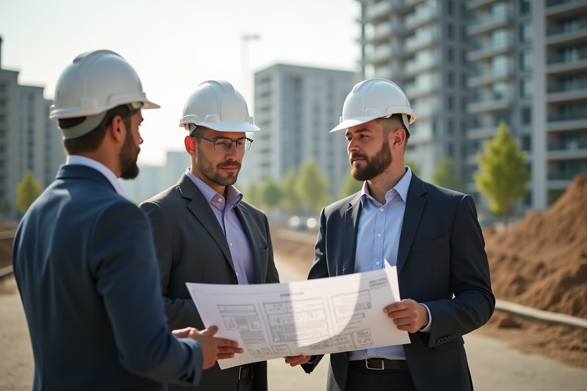 Urbanistes examinant des plans devant un chantier d